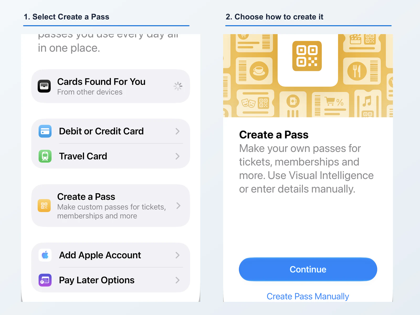 Apple Wallet screens showing where a customer can select Create a Pass and choose an automatic or manual creation method