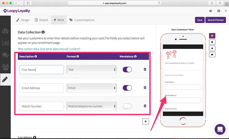 Loopy Loyalty screen: Step 3 — Expiry, Data Collection, and Location Based Messages