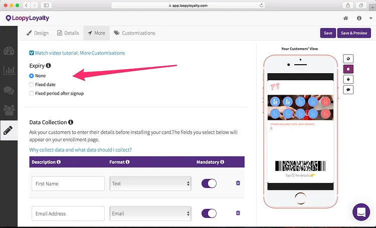 Loopy Loyalty screen: Step 3 — Expiry, Data Collection, and Location Based Messages