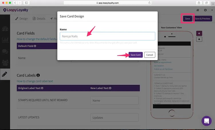 Loopy Loyalty screen: Step 5 — Save & Activate your Digital Loyalty Card