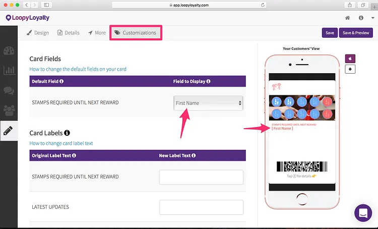Loopy Loyalty screen: Card Fields