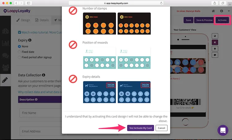 Loopy Loyalty screen: Step 5 — Save & Activate your Digital Loyalty Card