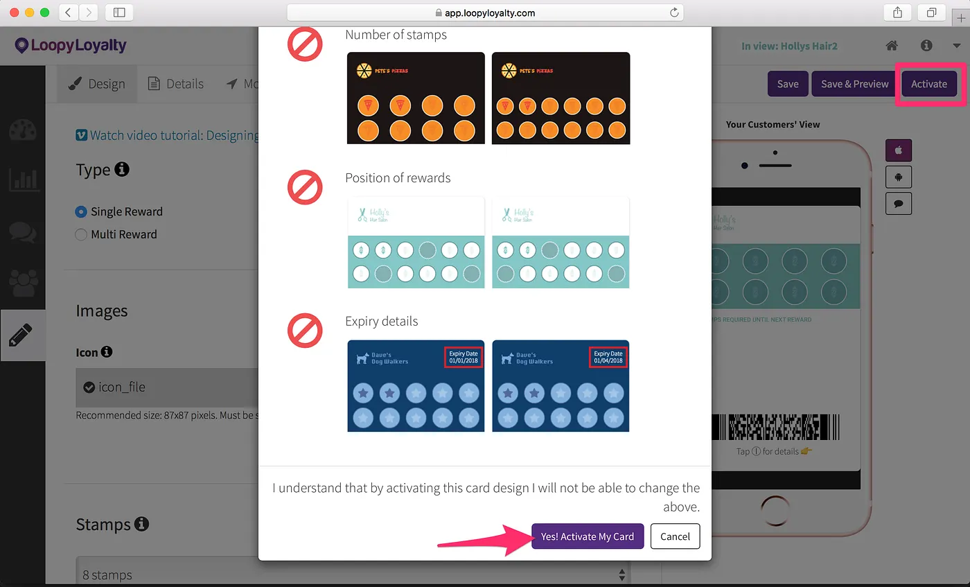 Loopy Loyalty screen: Step 5 — Save &amp; Activate your Digital Punch Card