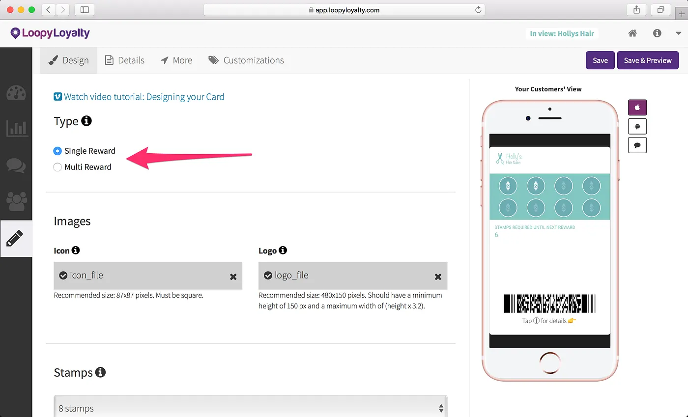 Loopy Loyalty screen: Step 1 — Your Digital Punch Card Design