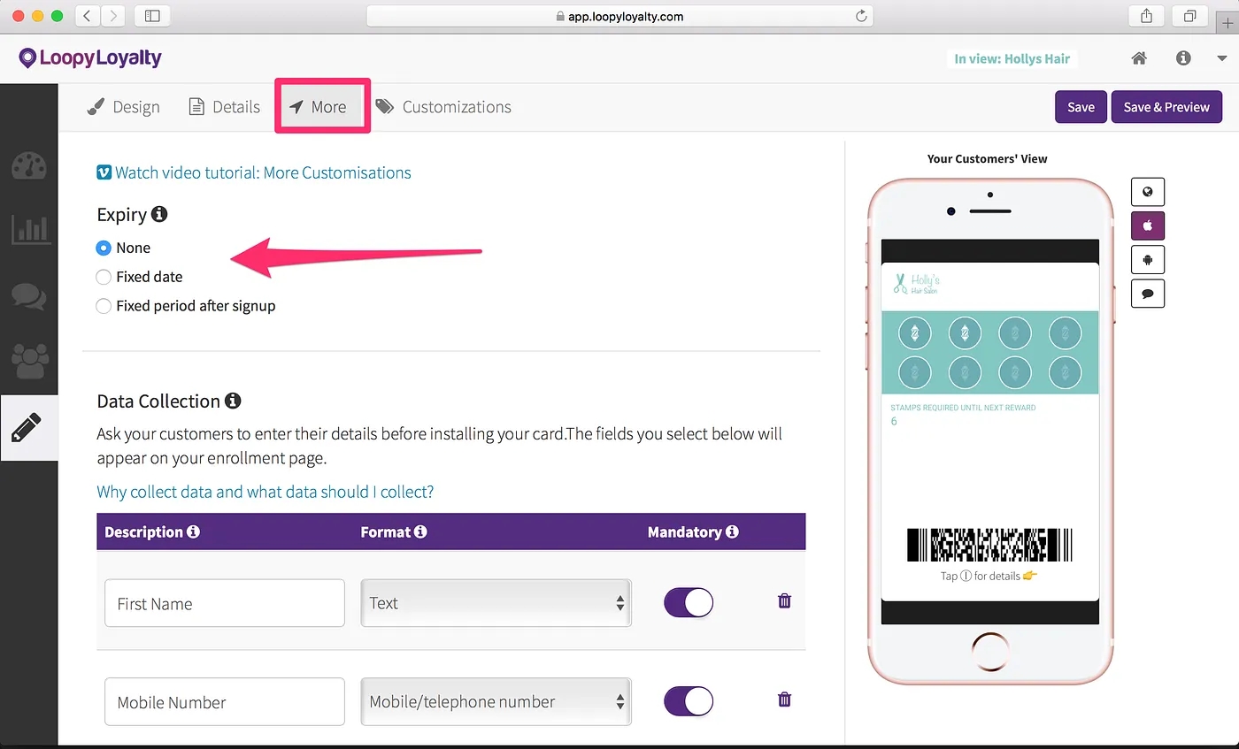 Loopy Loyalty screen: Step 3— Expiry, Data Collection, and Location Based Messages