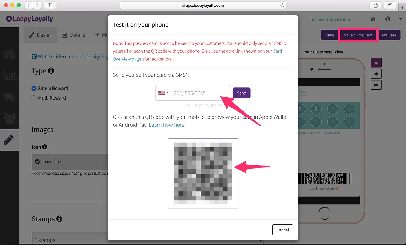 Loopy Loyalty screen: Step 5 — Save &amp; Activate your Digital Punch Card