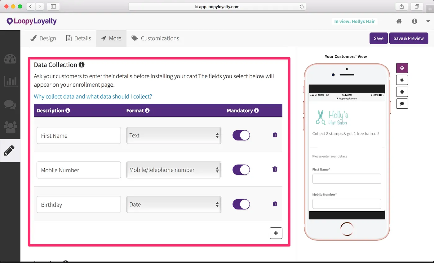 Loopy Loyalty screen: Step 3— Expiry, Data Collection, and Location Based Messages
