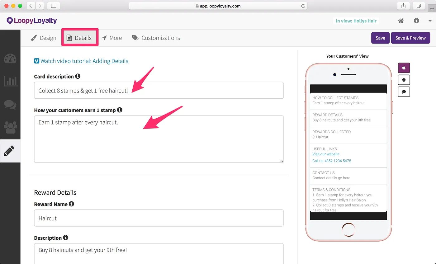 Loopy Loyalty screen: Step 2— Your Digital Punch Card Program Details