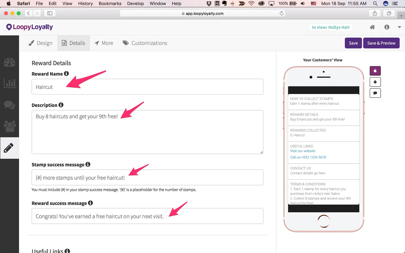 Loopy Loyalty screen: Step 2— Your Digital Punch Card Program Details