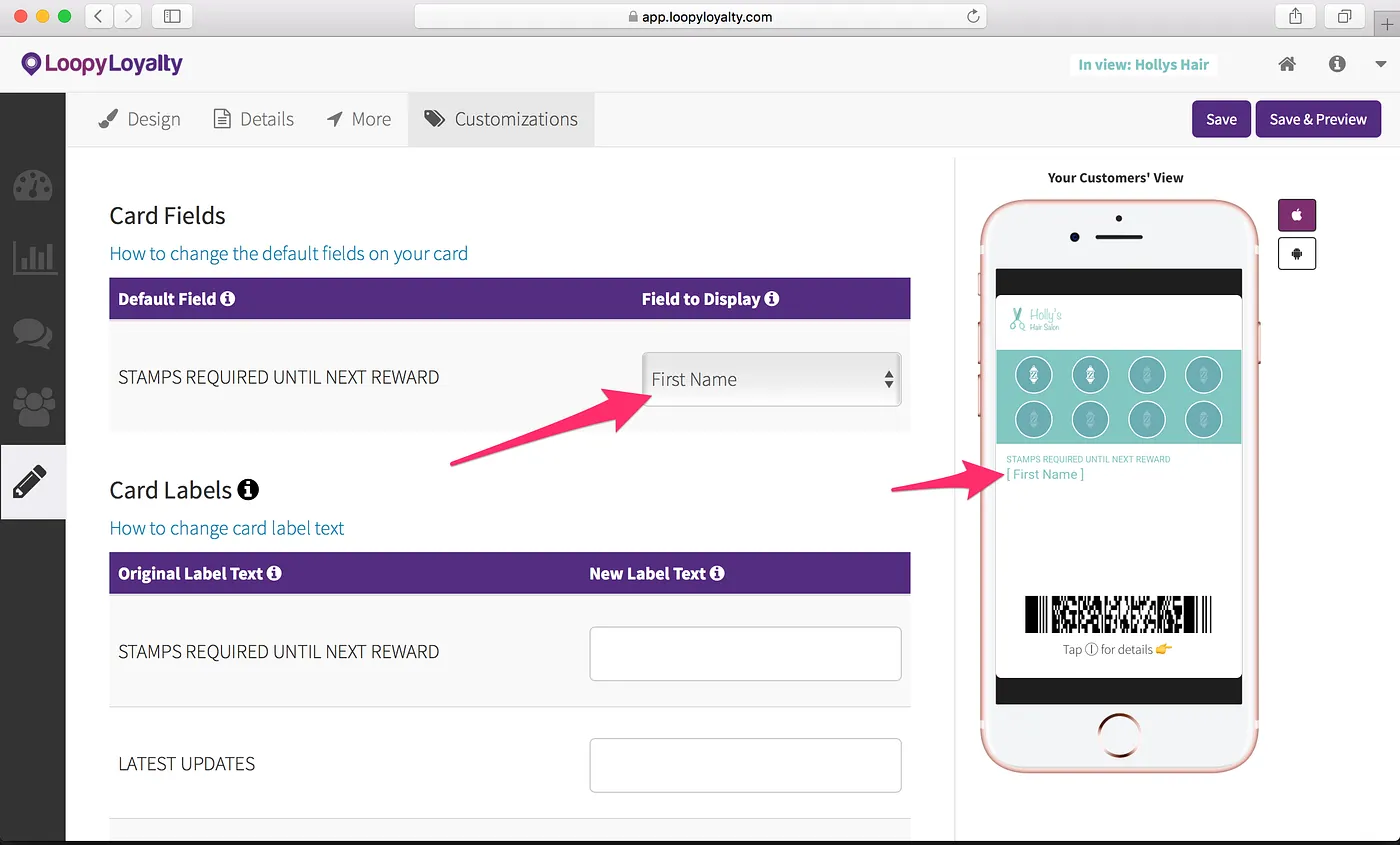 Loopy Loyalty screen: Card Fields