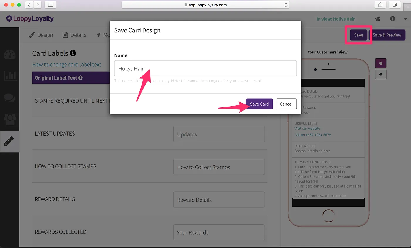 Loopy Loyalty screen: Step 5 — Save &amp; Activate your Digital Punch Card