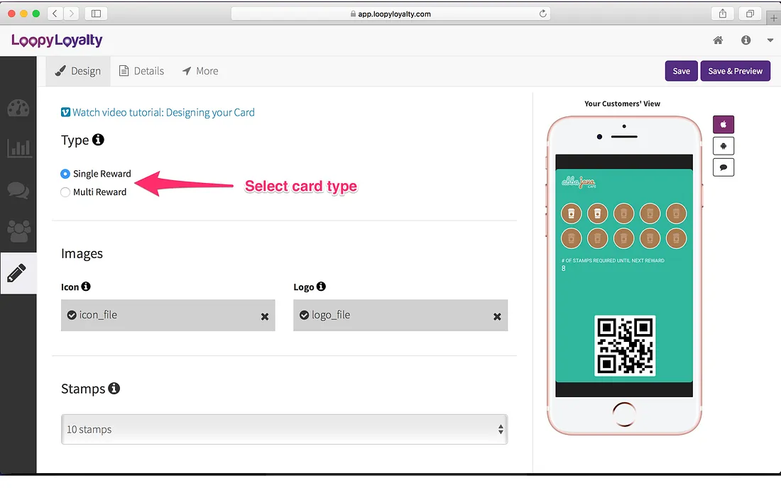 Loopy Loyalty screen: Select the stamp card type that you want to create