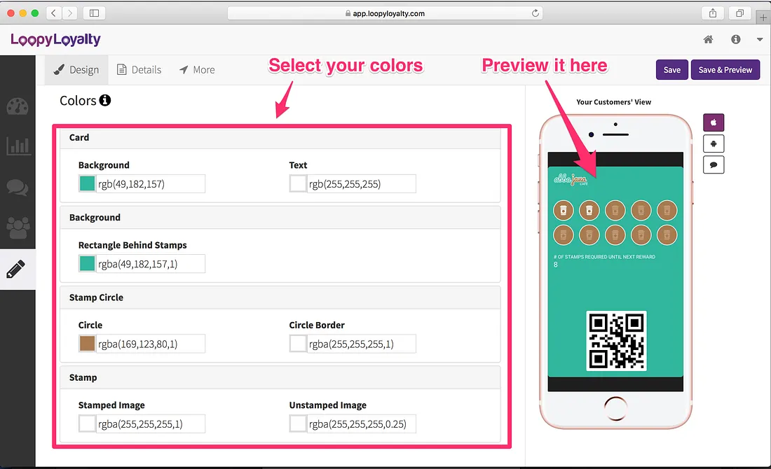 Loopy Loyalty screen: Customize the colors of your card, stamps, and stamp circles