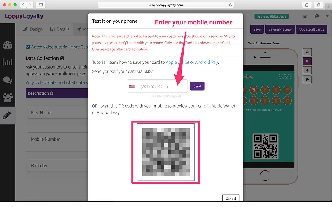 Loopy Loyalty screen: Preview your card by saving it to your smartphone