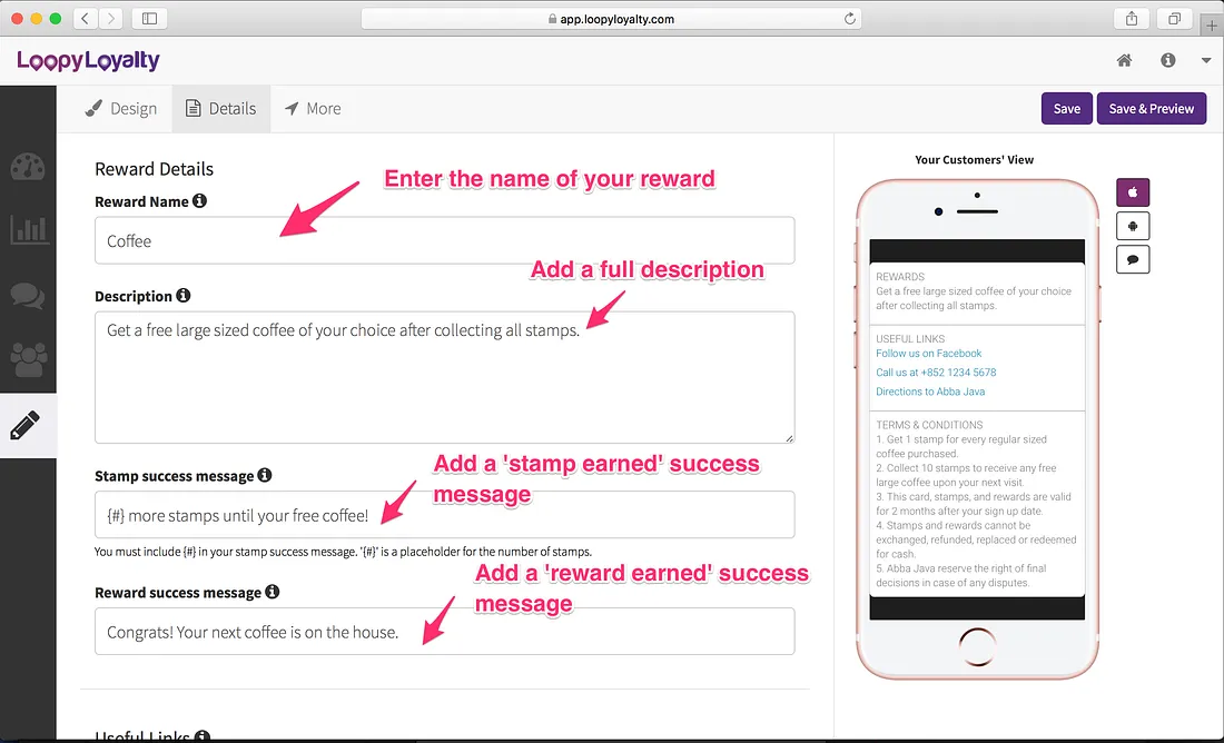 Loopy Loyalty screen: Fill in your reward information