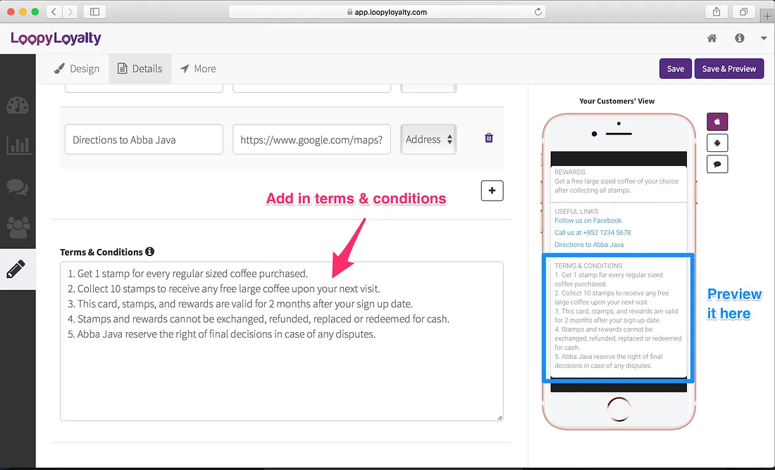 Loopy Loyalty screen: Add in the terms and conditions for your digital stamp card