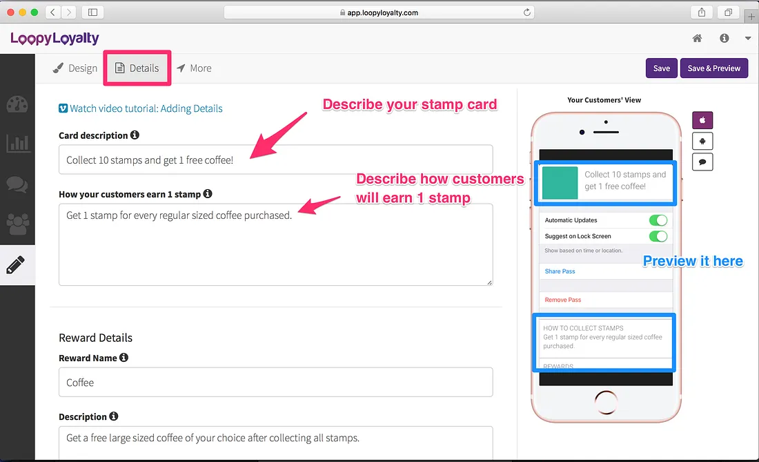 Loopy Loyalty screen: Click on the ‘Details’ tab