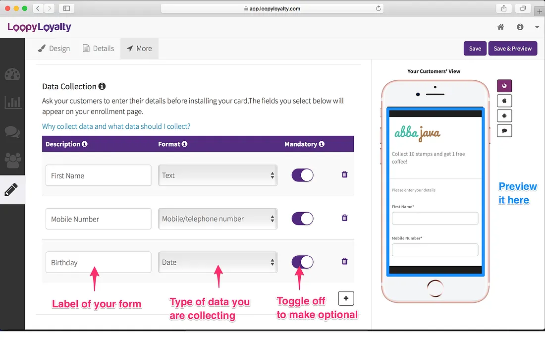 Loopy Loyalty screen: Determine what data you want to collect from customers before they can install your digital stamp