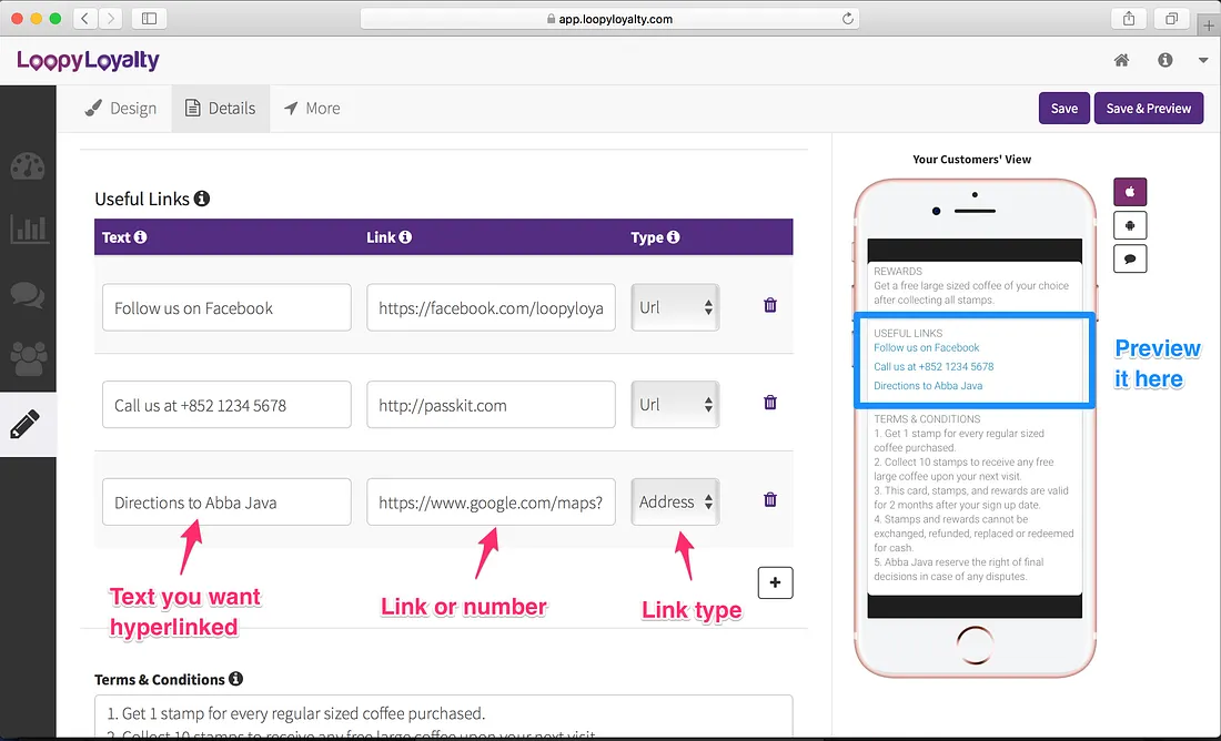 Loopy Loyalty screen: Add links to your digital stamp card