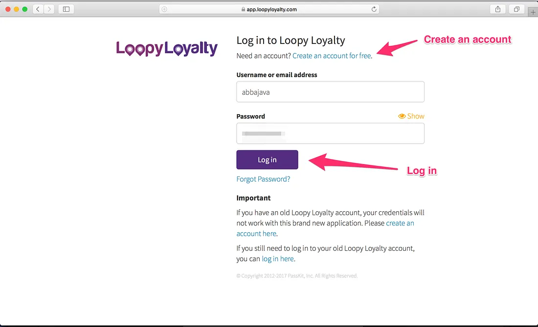 Loopy Loyalty screen: Log in to Loopy Loyalty