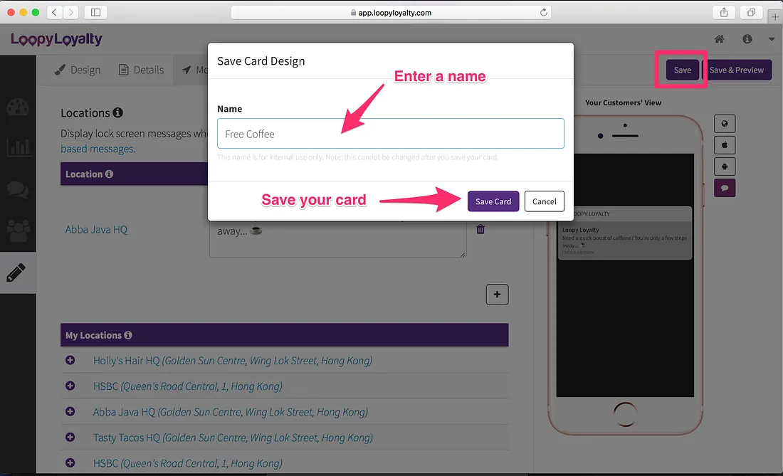 Loopy Loyalty screen: Save your card &amp; give it a name