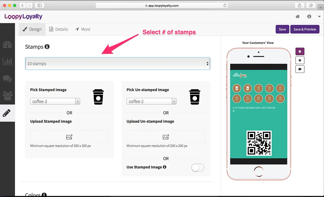Loopy Loyalty screen: Select the number of stamps for your digital stamp card