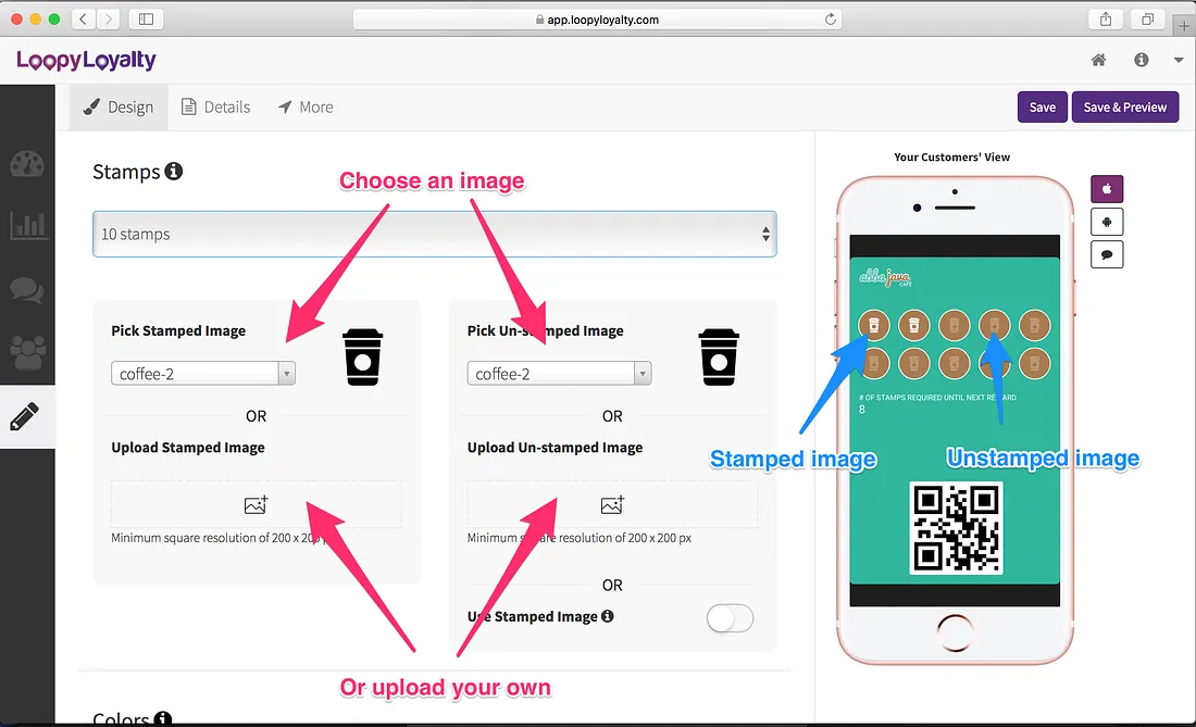 Loopy Loyalty screen: Choose stamp images from our gallery or upload your own