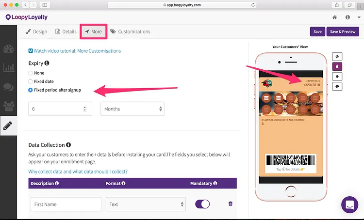 Loopy Loyalty screen: Step 3 — Expiry, Data Collection, and Location Based Messages