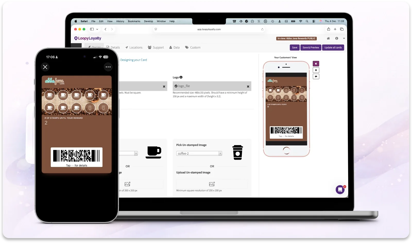 Loopy Loyalty stamp-card designer on desktop and mobile